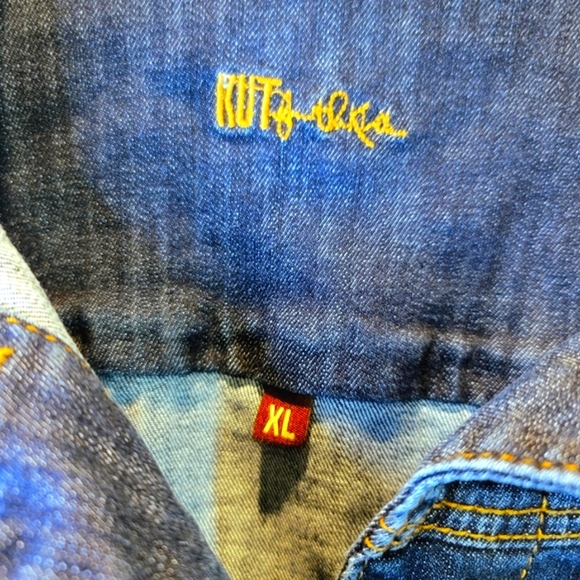 Kut from the Kloth Jean Jacket Womens XL L Blue Denim Dark Wash Cropped Trucker - Picture 10 of 14